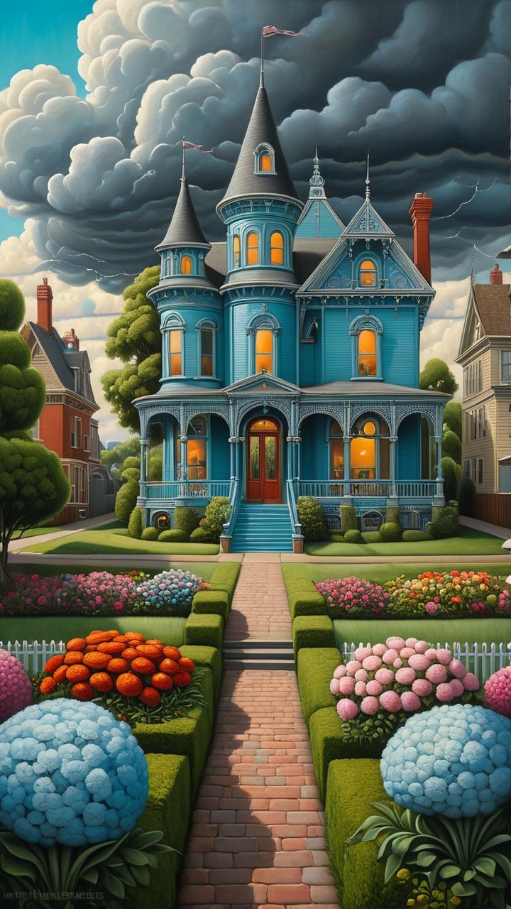 Vibrant Blue Victorian Mansion with Colorful Garden