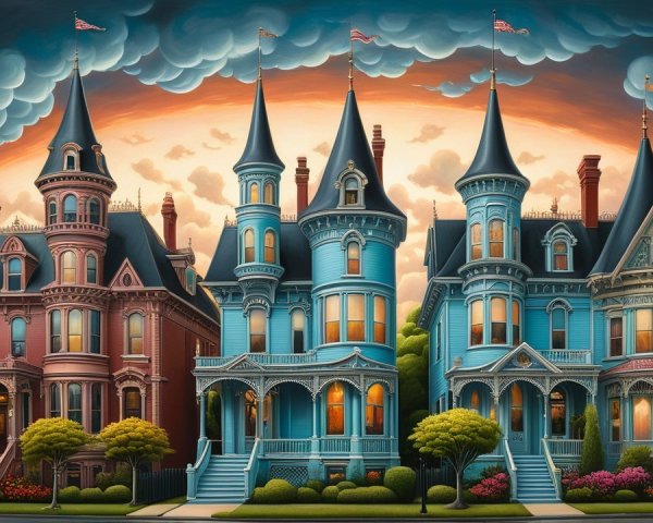 Victorian Houses with Colorful Facades at Sunset