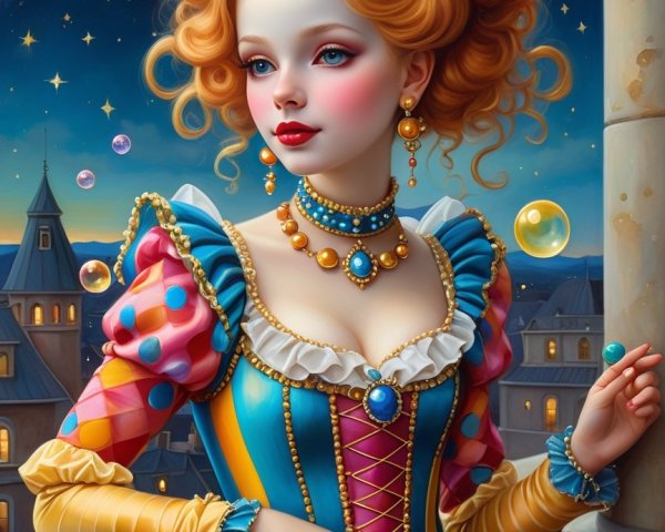 Young woman with vibrant orange hair in starry night