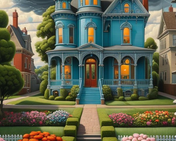 Vibrant Blue Victorian Mansion with Colorful Garden