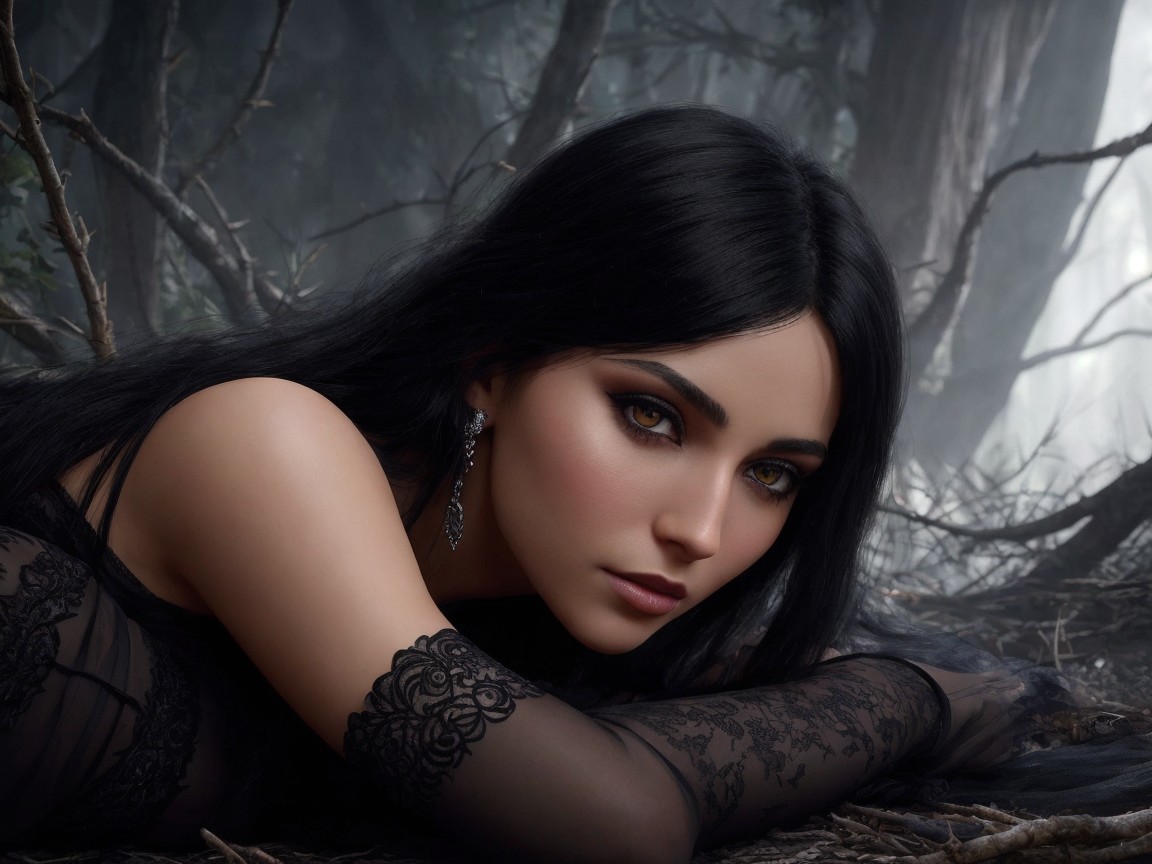 Mysterious Woman in Dark Foliage with Striking Features