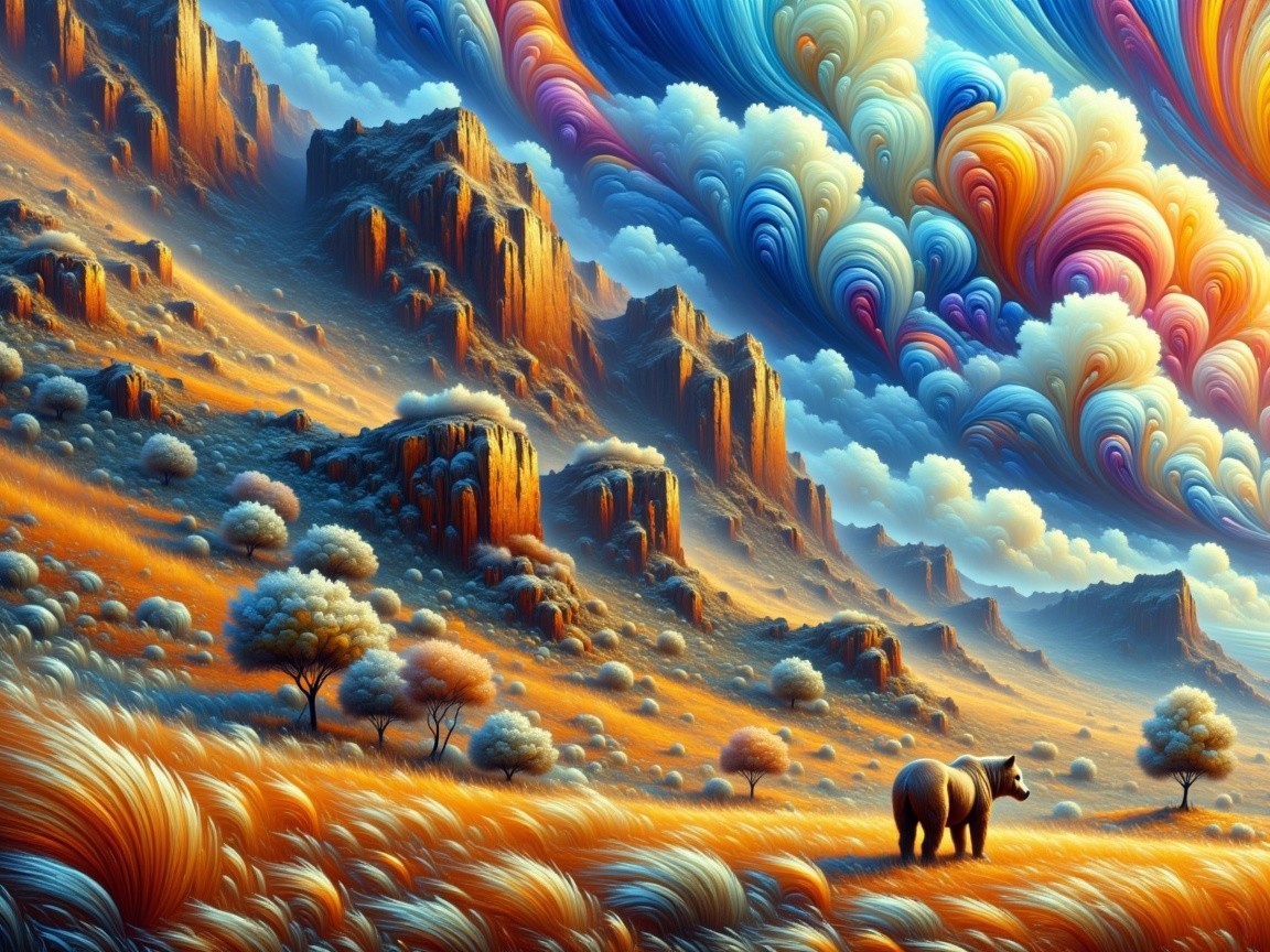 Surreal Landscape with Bear and Whimsical Trees