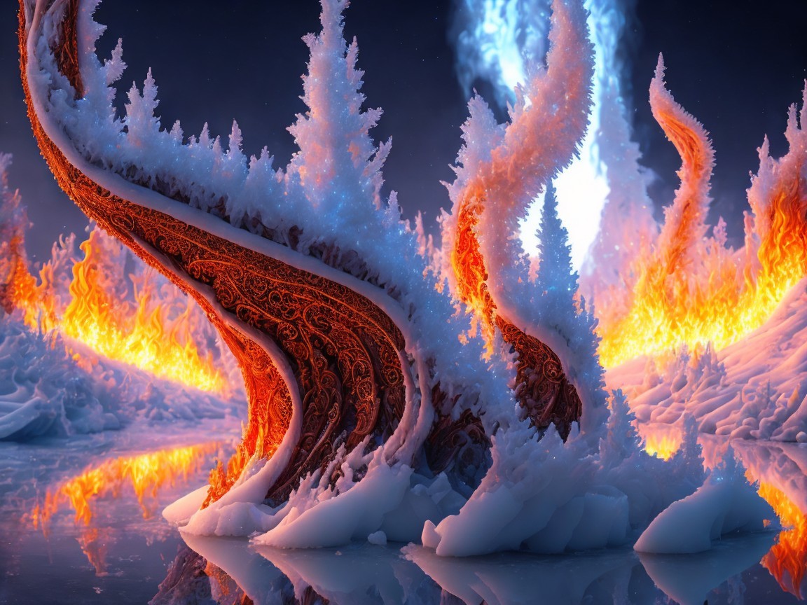 Vibrant Icy Formations Against Blazing Orange Flames