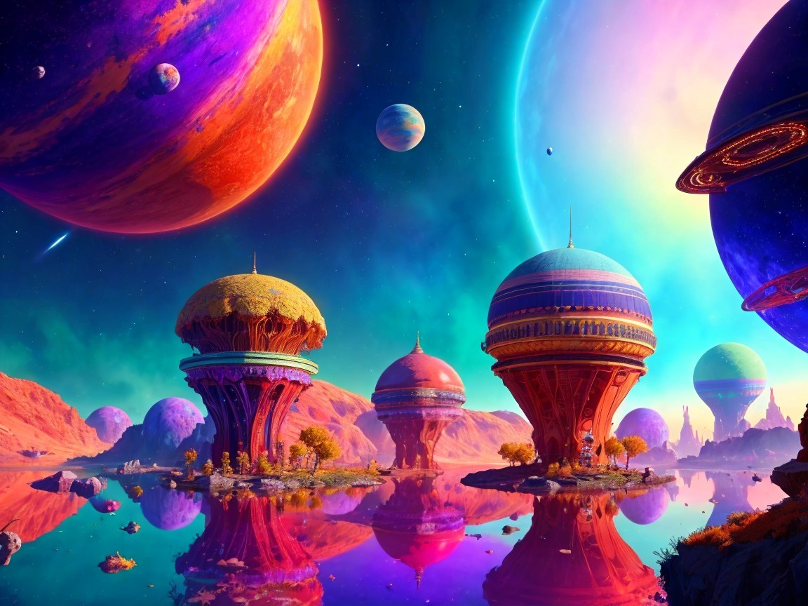Vibrant Alien Landscape with Colorful Spheres and Planets