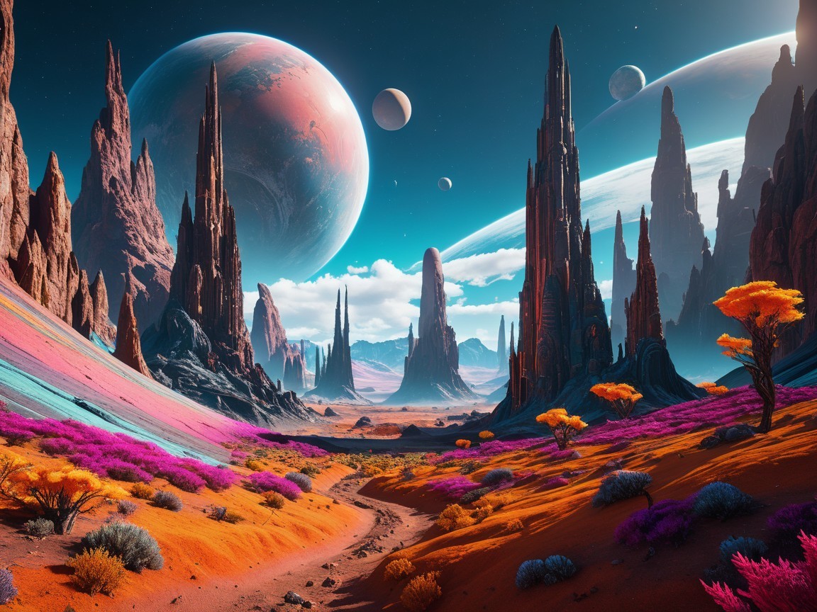 Surreal Alien Landscape with Colorful Flora and Planets