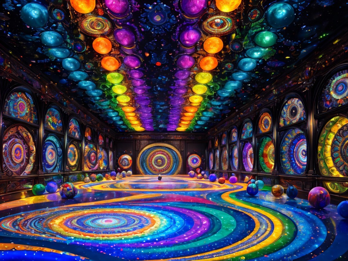 Vibrant Kaleidoscopic Room with Colorful Patterns