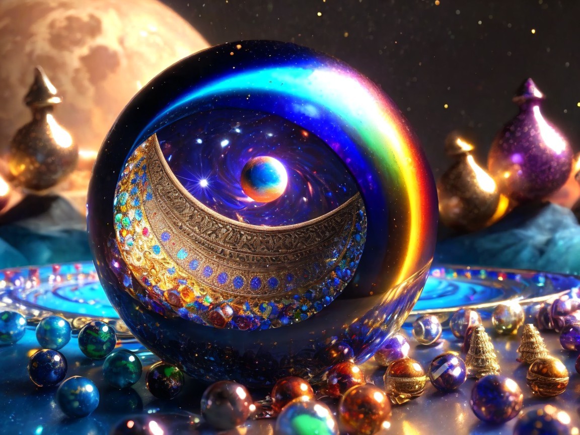 Luminous crystal ball with cosmic scene and marbles