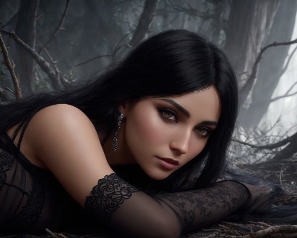 Mysterious Woman in Dark Foliage with Striking Features