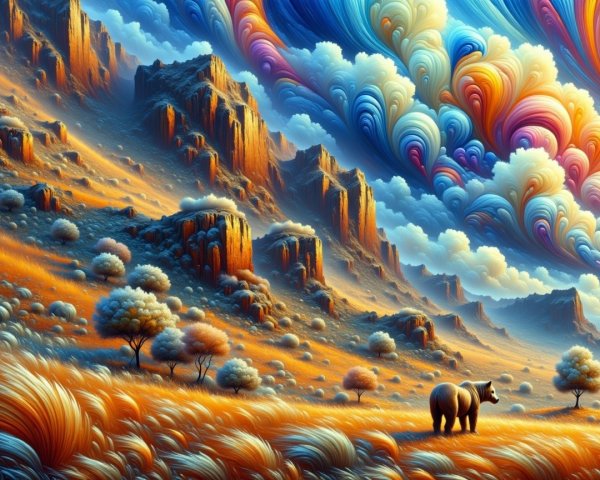 Surreal Landscape with Bear and Whimsical Trees