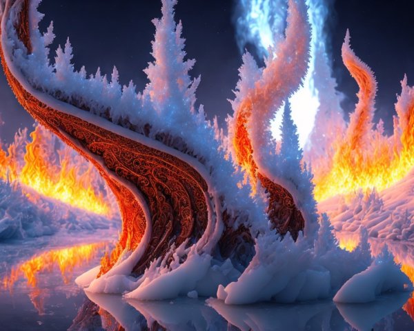 Vibrant Icy Formations Against Blazing Orange Flames