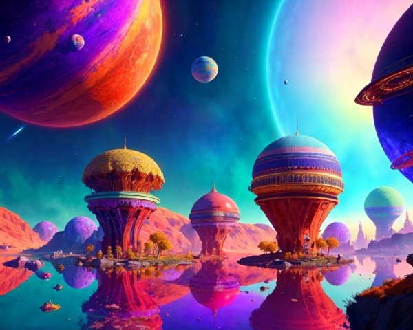 Vibrant Alien Landscape with Colorful Spheres and Planets