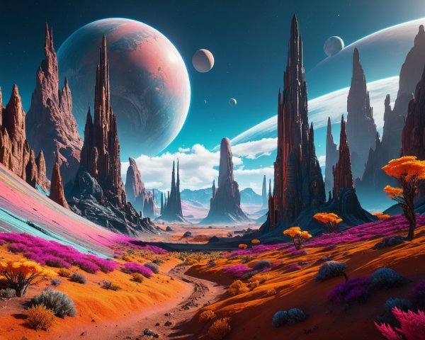 Surreal Alien Landscape with Colorful Flora and Planets