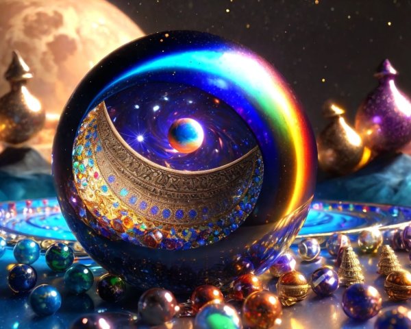 Luminous crystal ball with cosmic scene and marbles