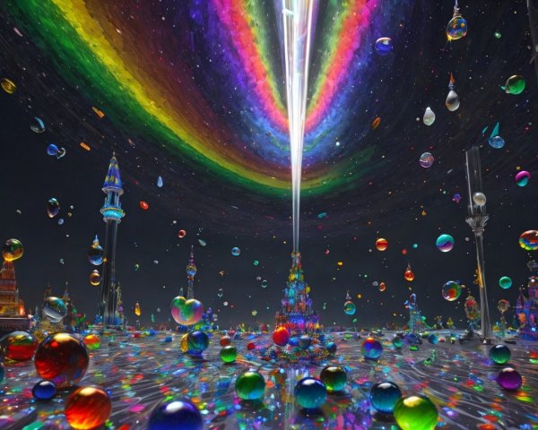 Surreal Landscape with Luminous Orbs and Towers