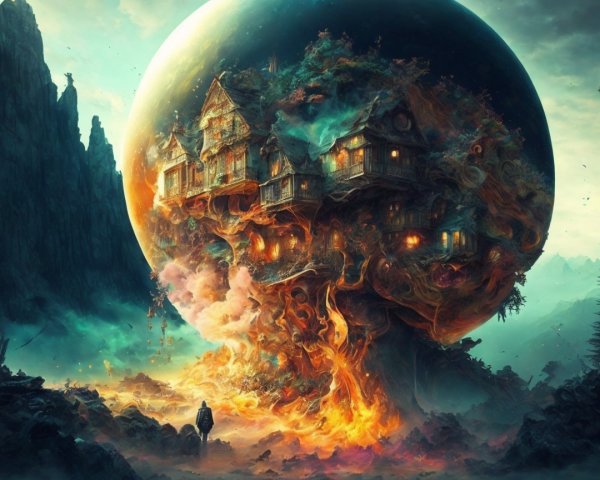 Surreal Landscape with Glowing Planet and Whimsical Trees