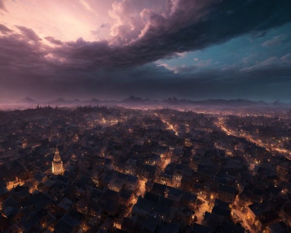 Aerial View of City Skyline at Dusk with Clouds