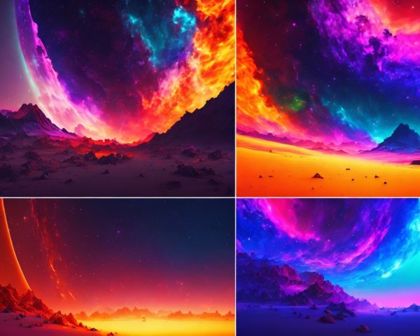 Vibrant Cosmic Landscape with Nebulae and Mountains