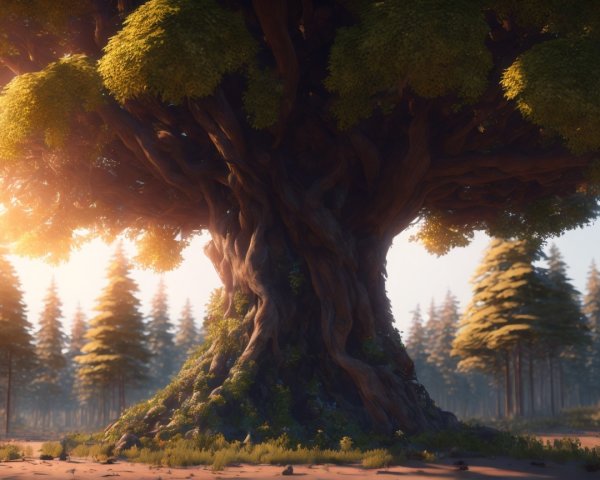 Ancient Tree Surrounded by Lush Forest Landscape