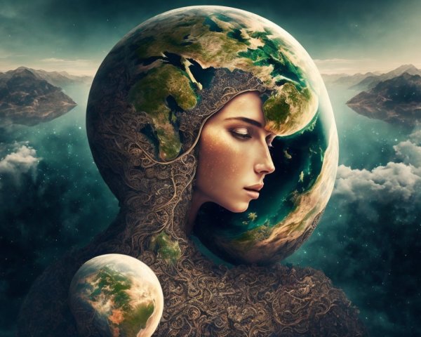Surreal Artwork of Woman's Profile Merging with Globe