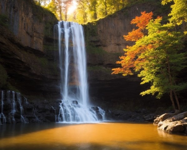 Serene Waterfall Surrounded by Autumn Foliage