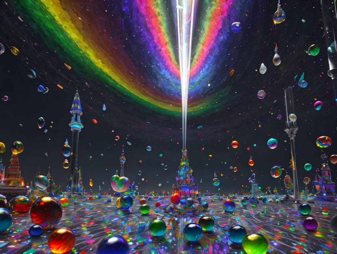 Surreal Landscape with Luminous Orbs and Towers