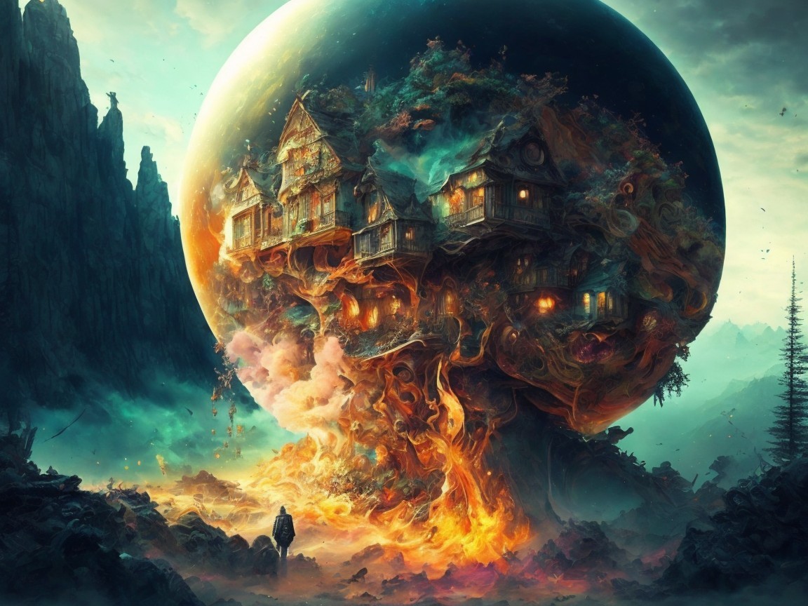 Surreal Landscape with Glowing Planet and Whimsical Trees