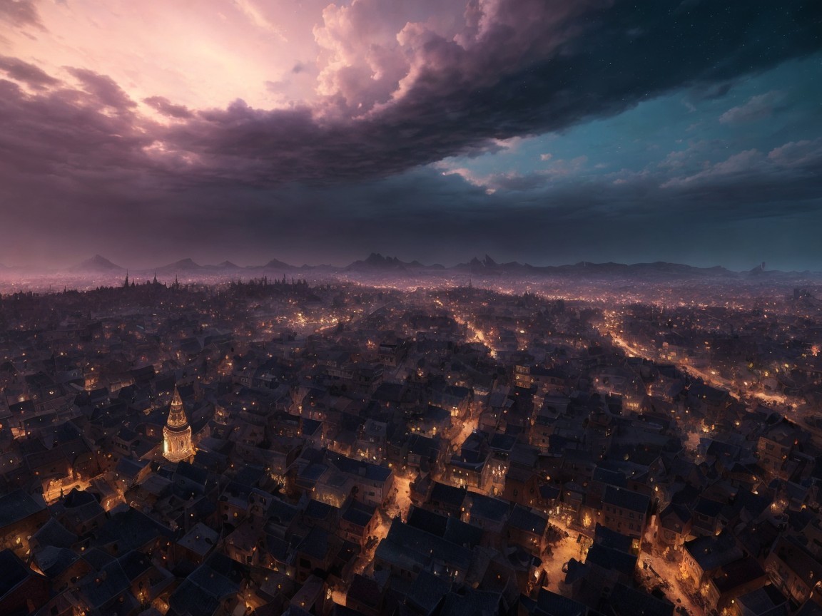 Aerial View of City Skyline at Dusk with Clouds