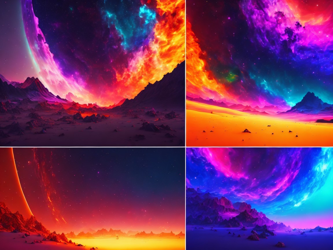 Vibrant Cosmic Landscape with Nebulae and Mountains