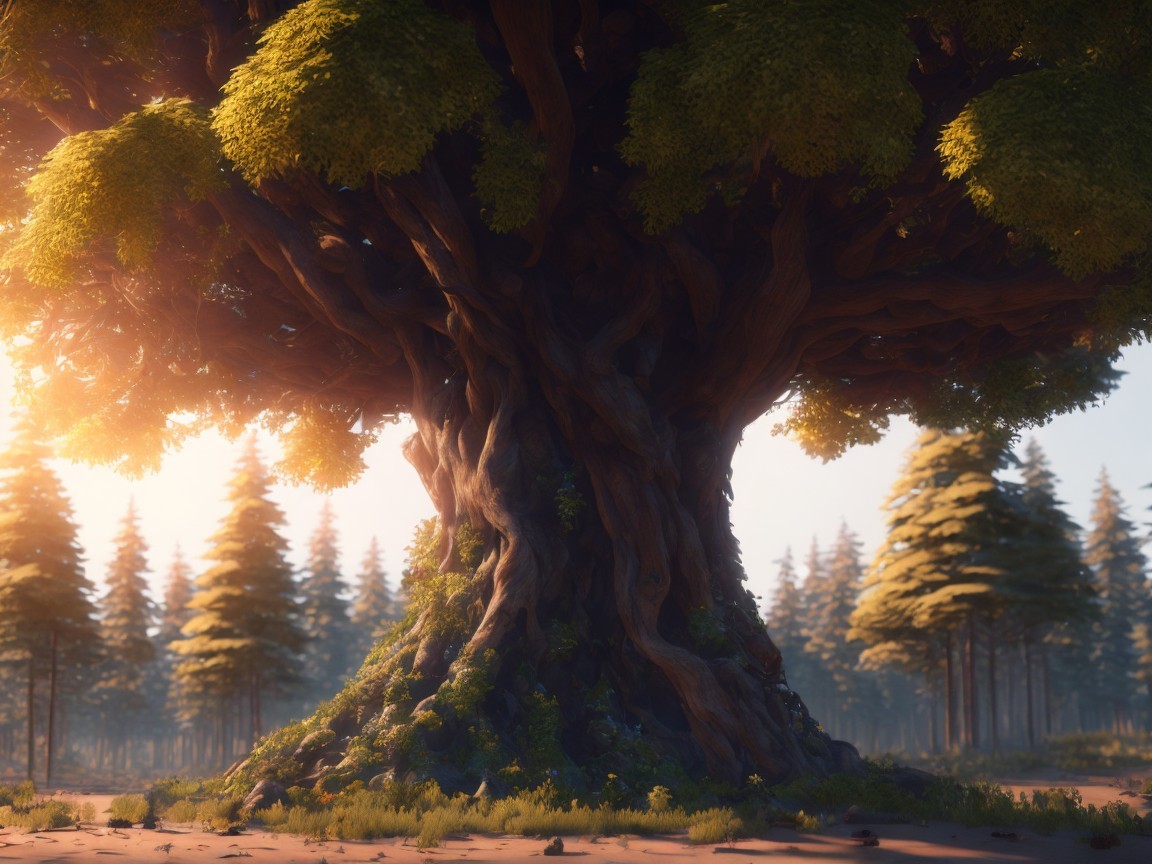 Ancient Tree Surrounded by Lush Forest Landscape