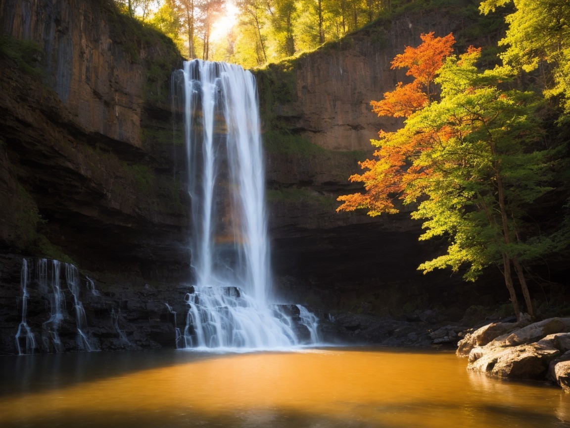 Serene Waterfall Surrounded by Autumn Foliage