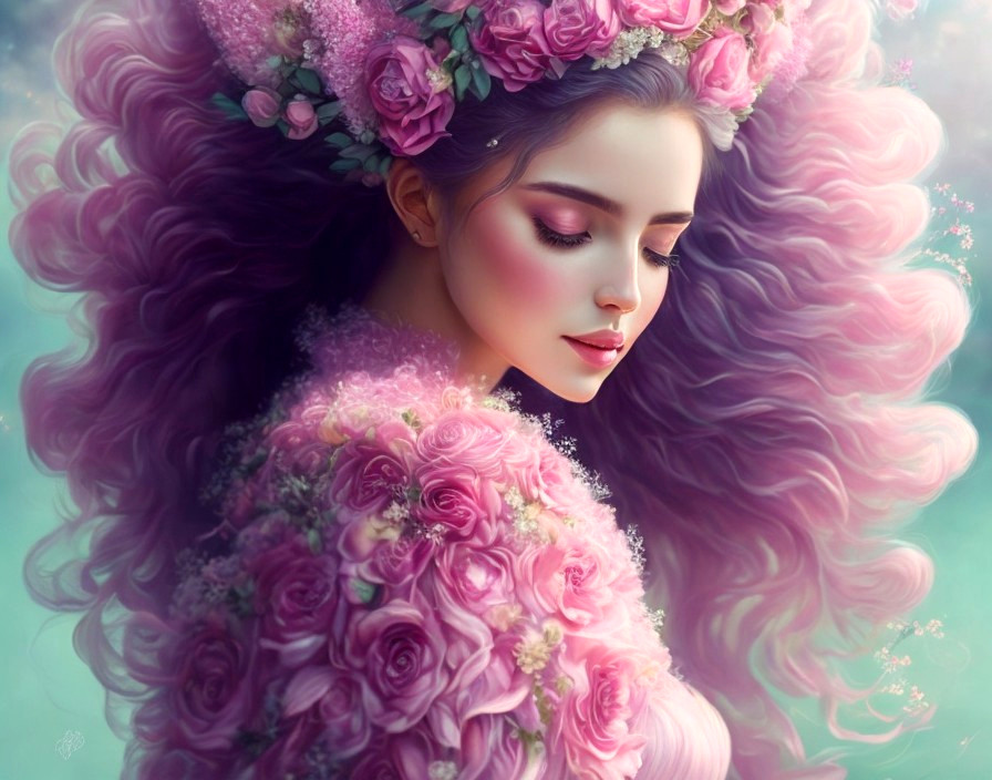 Digital Artwork: Woman in Pink Floral Attire with Wavy Hair in Pastel Background