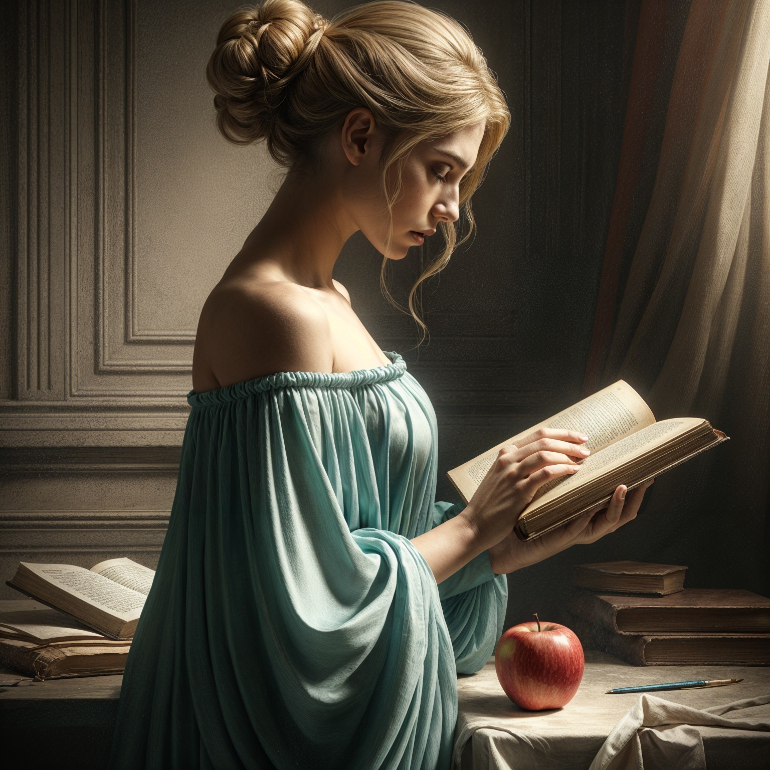 Young Woman Reading in Pale Blue Gown with Apple