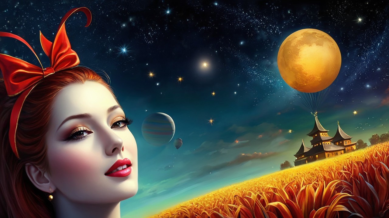 Digital Painting of Woman in Vibrant Red Bow and Landscape