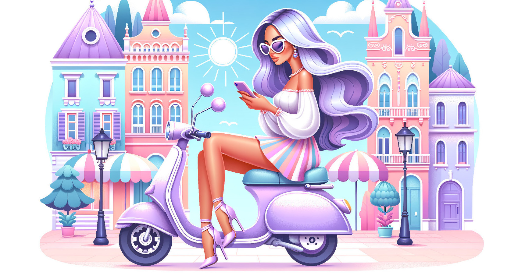 Stylish Woman on Pastel Scooter with Colorful Background
