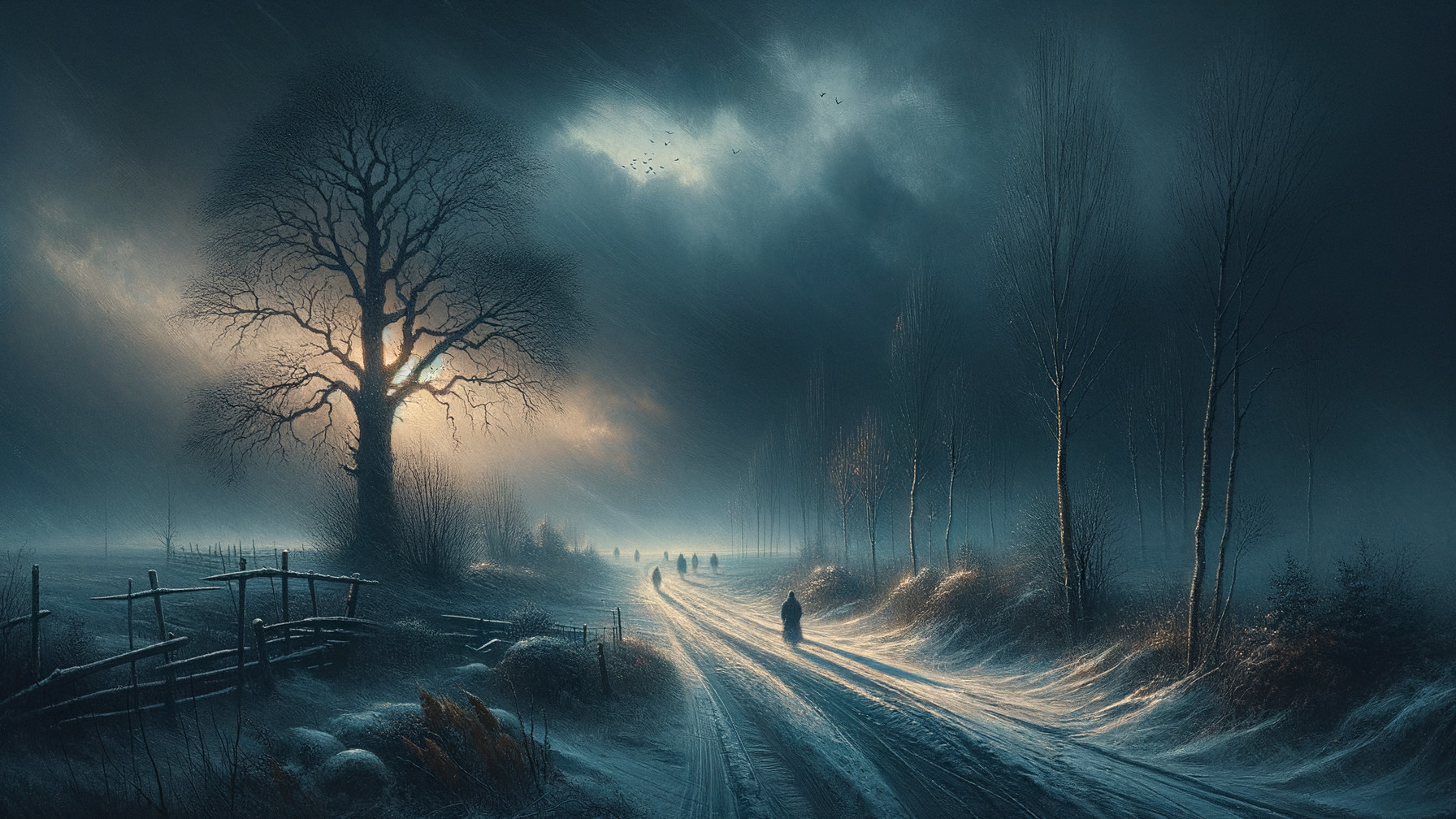 Twilight Landscape with Winding Road and Silhouettes