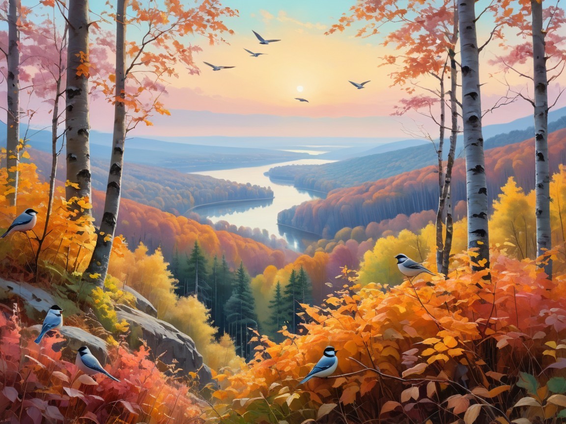 Vibrant Autumn Landscape with Serene River and Foliage