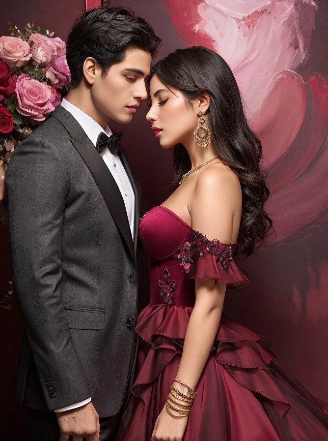 Romantic Couple in Elegant Attire with Roses