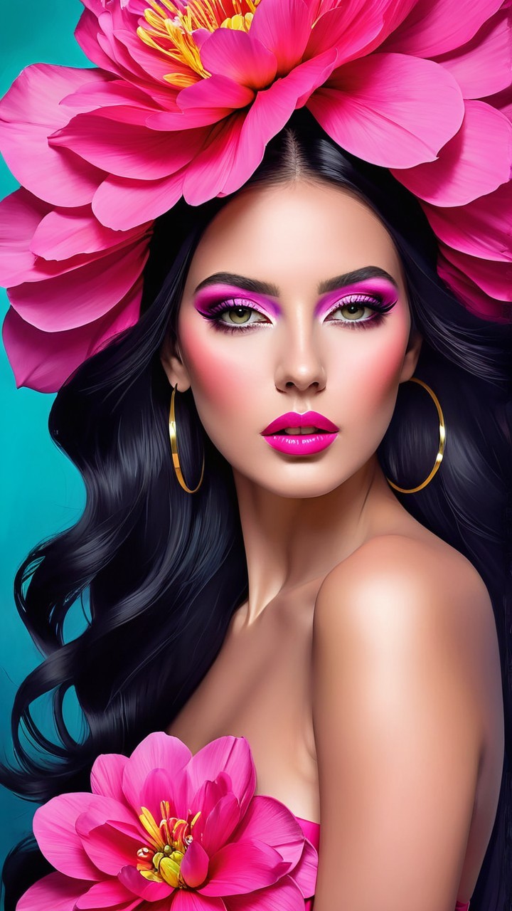 Portrait of a woman with pink lotus flowers and vibrant makeup