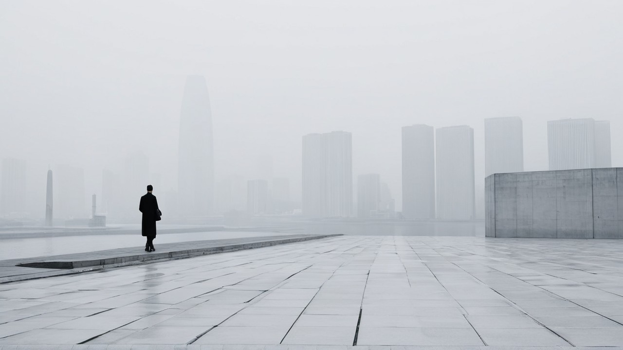 Solitary Figure in Foggy Urban Landscape with Skyscrapers