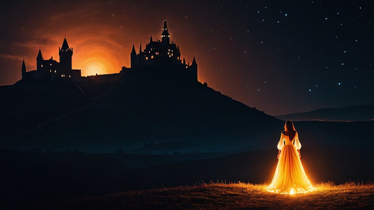 Woman in glowing gown by castle under moonrise
