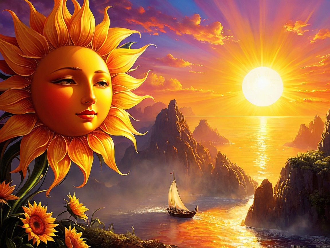 Vibrant Sunset Over Serene Ocean with Sunflowers