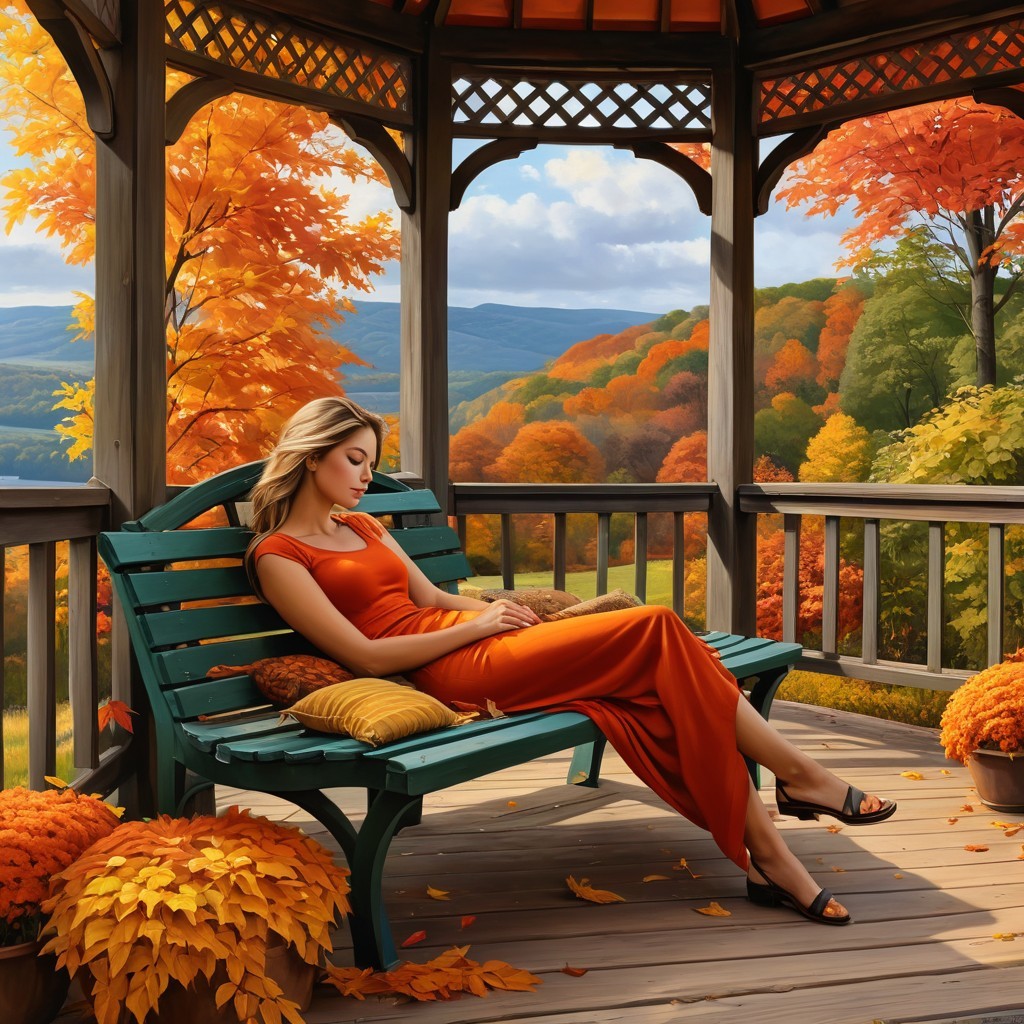 Autumn Scene with Woman in Orange Dress in Gazebo