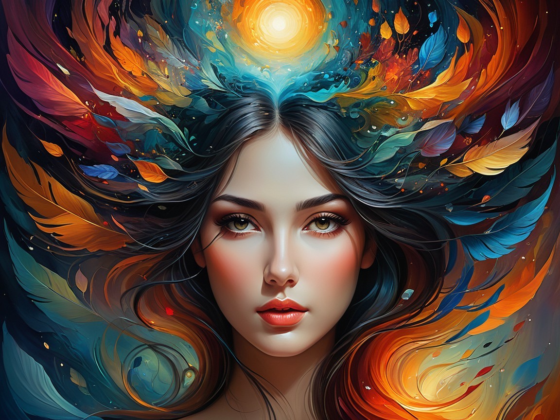 Portrait of a woman with flowing hair and feathers