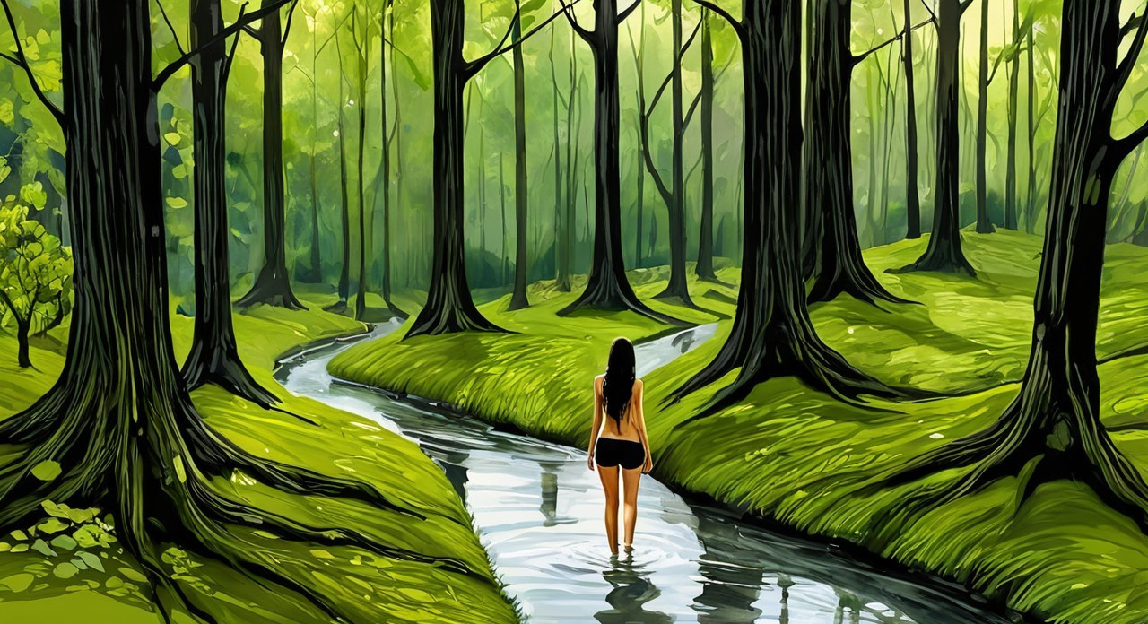 Serene Forest Scene with Woman in Gentle Stream