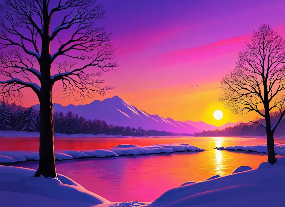 Serene Winter Landscape with Sunset and River Reflection