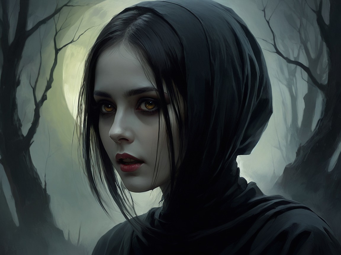 Mysterious Figure with Golden Eyes in Shadowy Forest