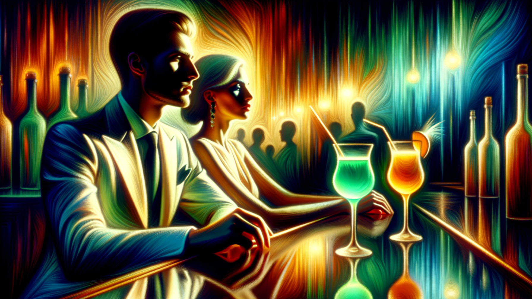 Elegant Couple at Vibrant Art-Inspired Bar Scene