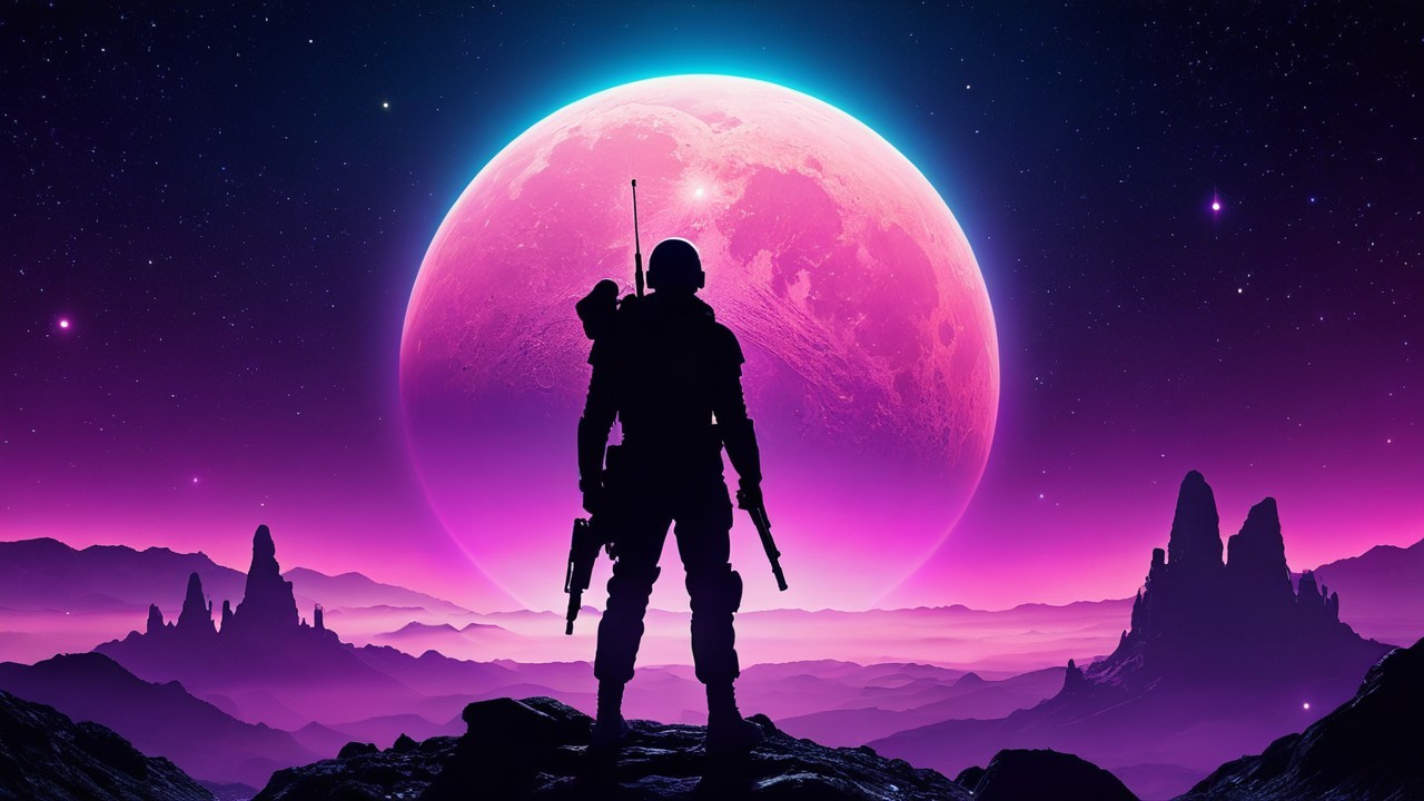 Lone Figure Against Vibrant Otherworldly Landscape