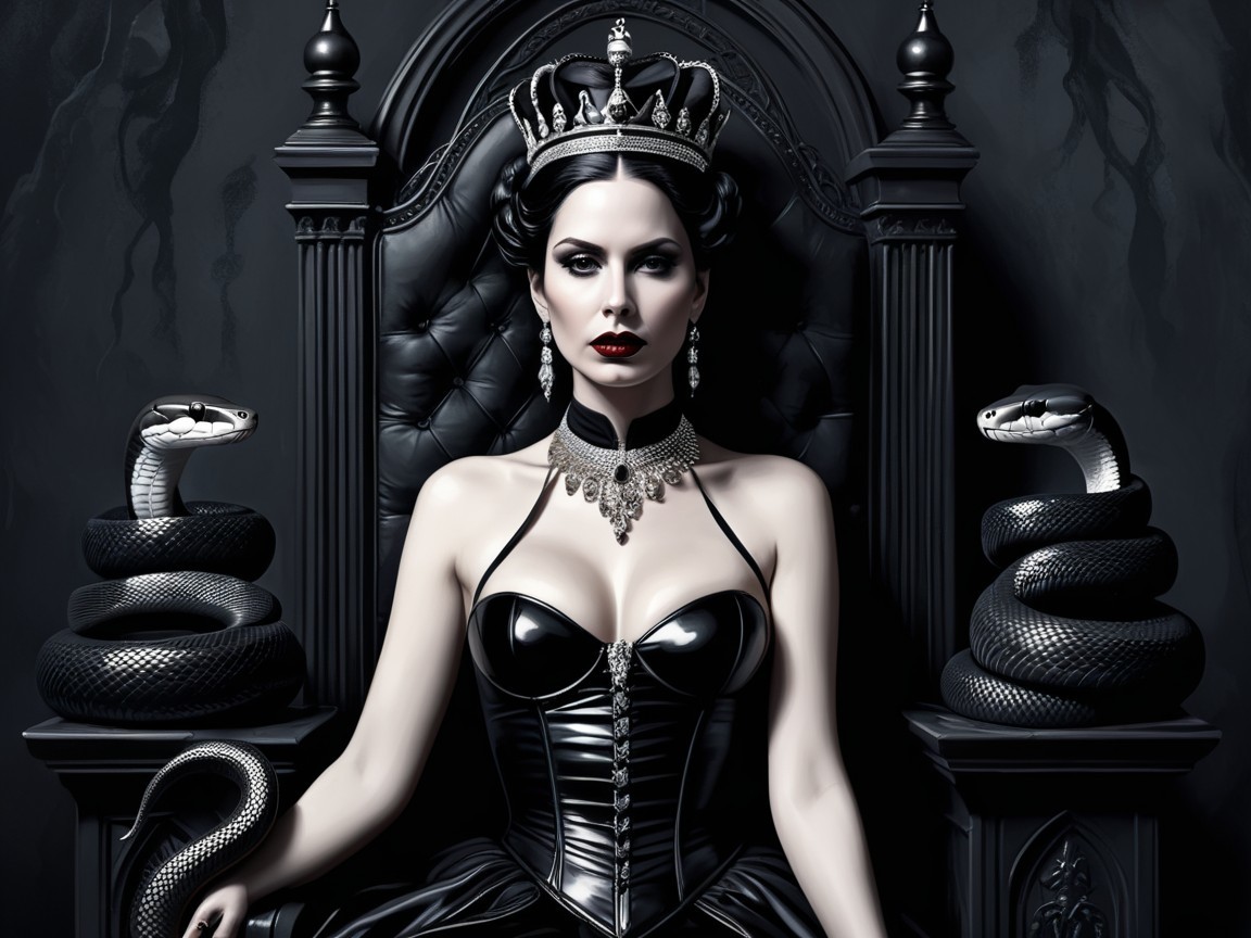 Regal Woman on Throne in Dark Fantasy Setting