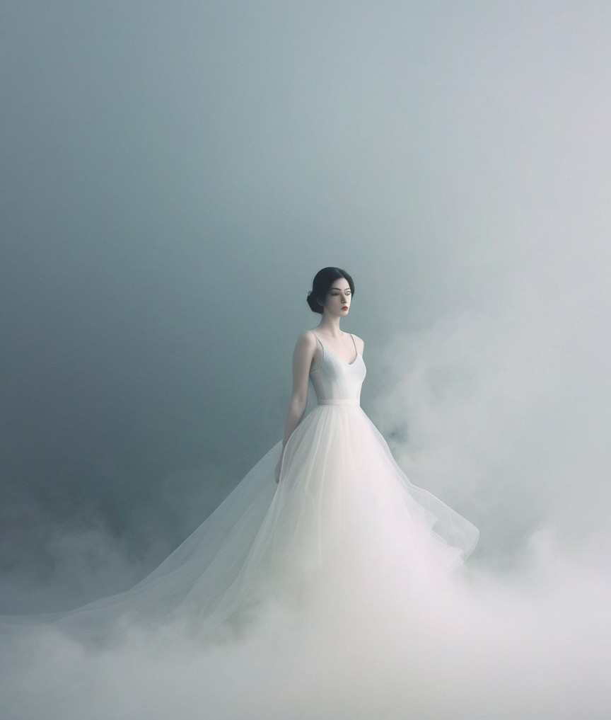 Serene figure in flowing gown amidst swirling fog